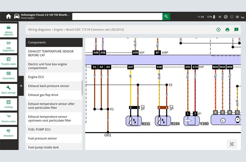 Checking the exhaust gas temperature sensor - the PIN assignment on the exhaust gas temperature sensor or the cable colours can be read in the circuit diagram and used for further tests. 