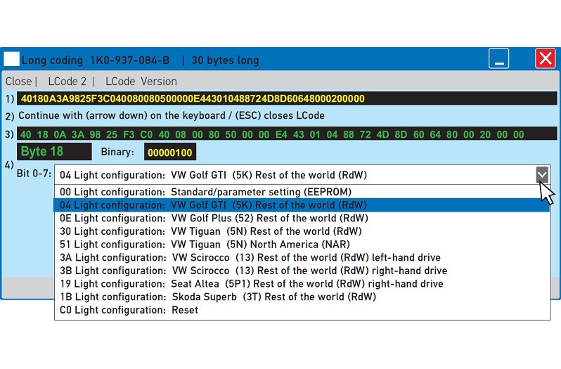 BCM lists possible changes for byte in sub-menu