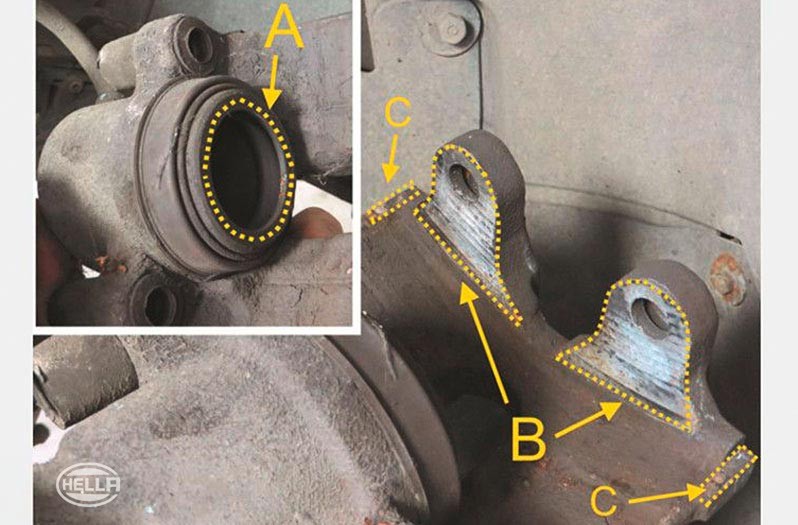 Clean the brake caliper with brake cleaner