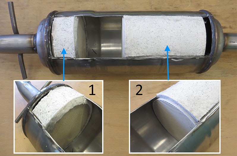 (1) Catalytic converter and (2) particulate filter installed in one housing