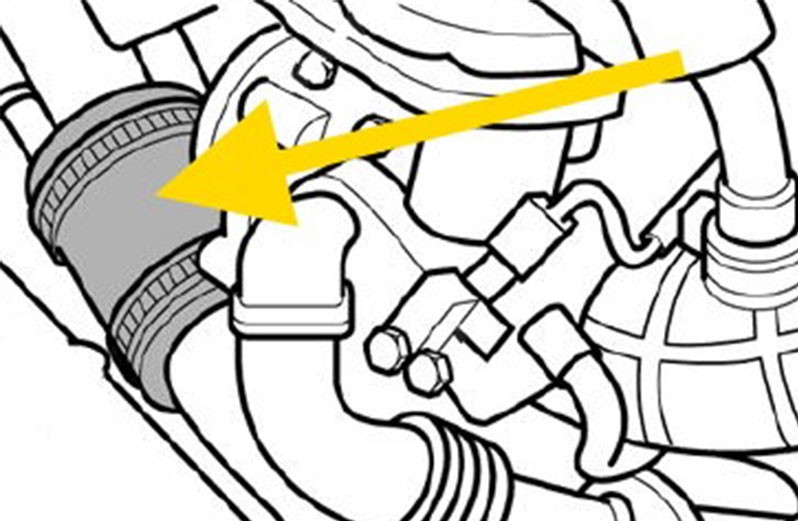 Remove the hose (see diagram) between the turbocharger and the intake air damper.