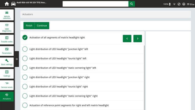 Audi A6 Avant Matrix LED headlights: Testing with the diagnostic device - actuator test