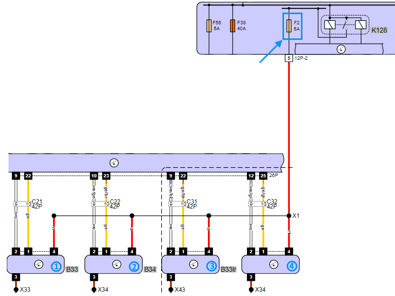 Wiring diagram of the door electronics in the BMW 530d GT F07