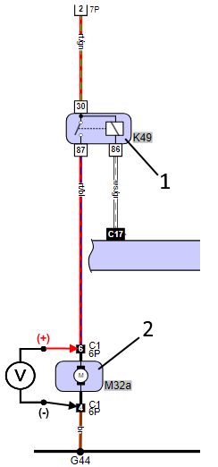 Schaltplan BMW F30 Bildunterschrift: 1.Kraftstoffpumpenrelais 2.Kraftstoffpumpe