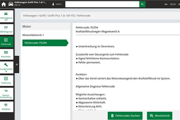 Checking the high-pressure fuel pump: Error log of VW Golf V Plus